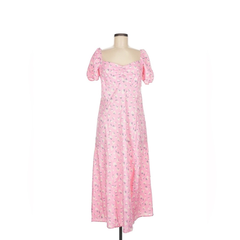 Pink Floral Puff-Sleeve Maxi Dress
